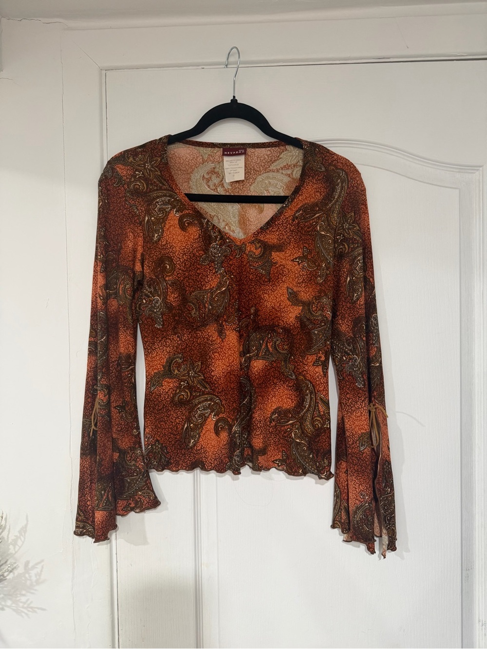 Brown and Orange Paisley V-Neck Bell Sleeve Top